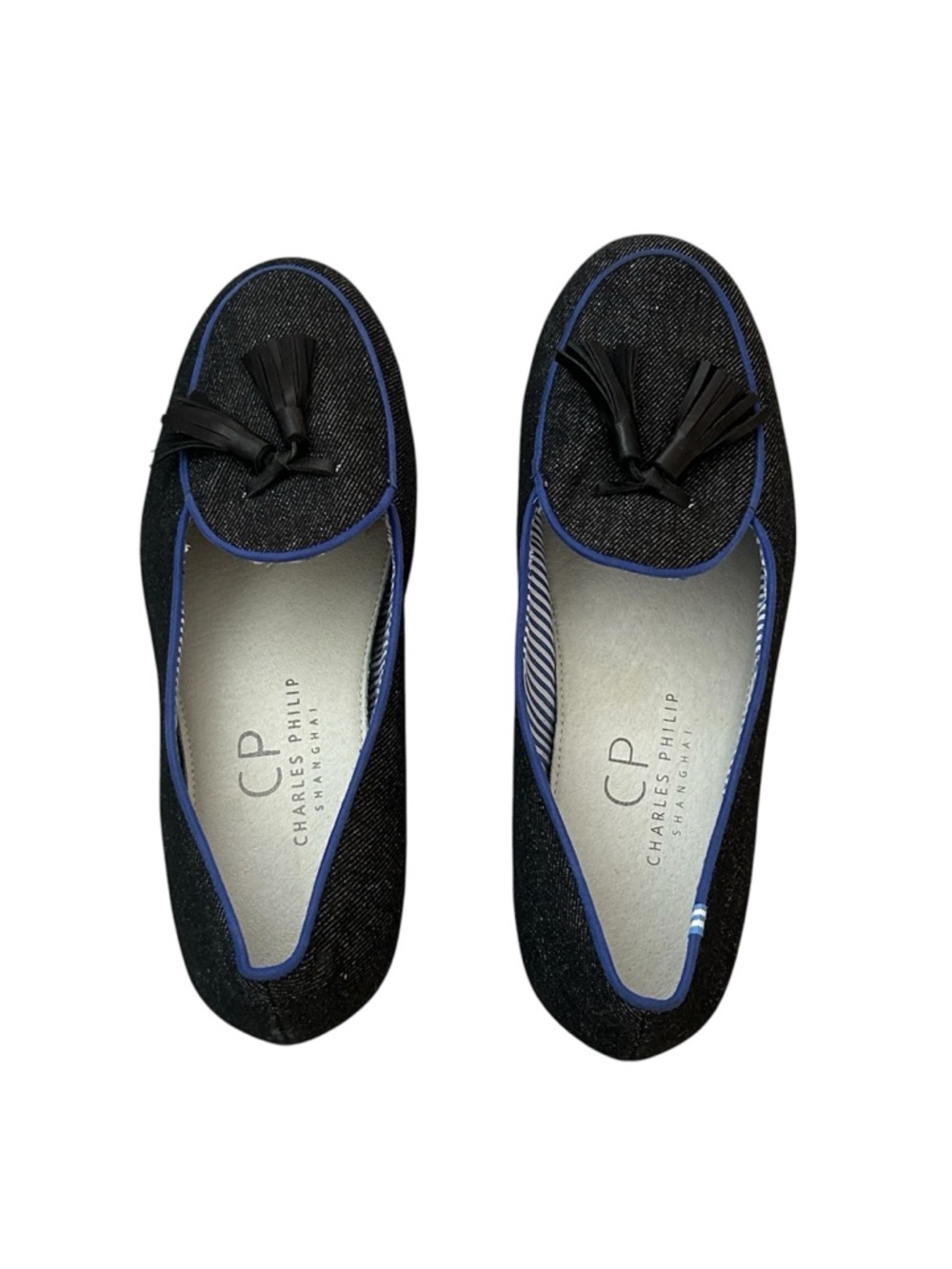 Charles Philip Shanghai Black Denim Loafers with Blue Piping Shoes Flats Sz 9.5 - Picture 5 of 8